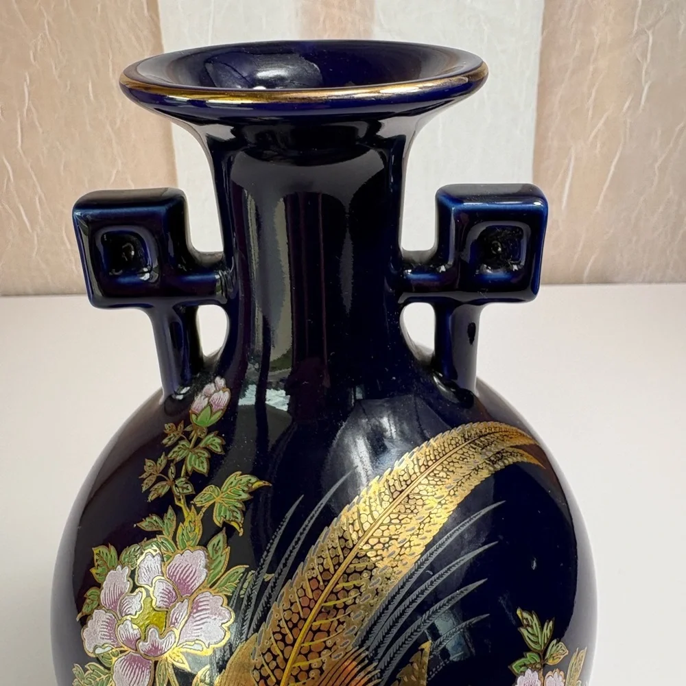 Vintage Japanese Cobalt Blue Porcelain Vase-Hand-painted Golden Pheasant